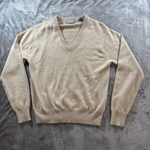 Vintage Lord & Taylor 2 Ply 100% Cashmere Sweater Men's M Beige Preppy VNeck 90s